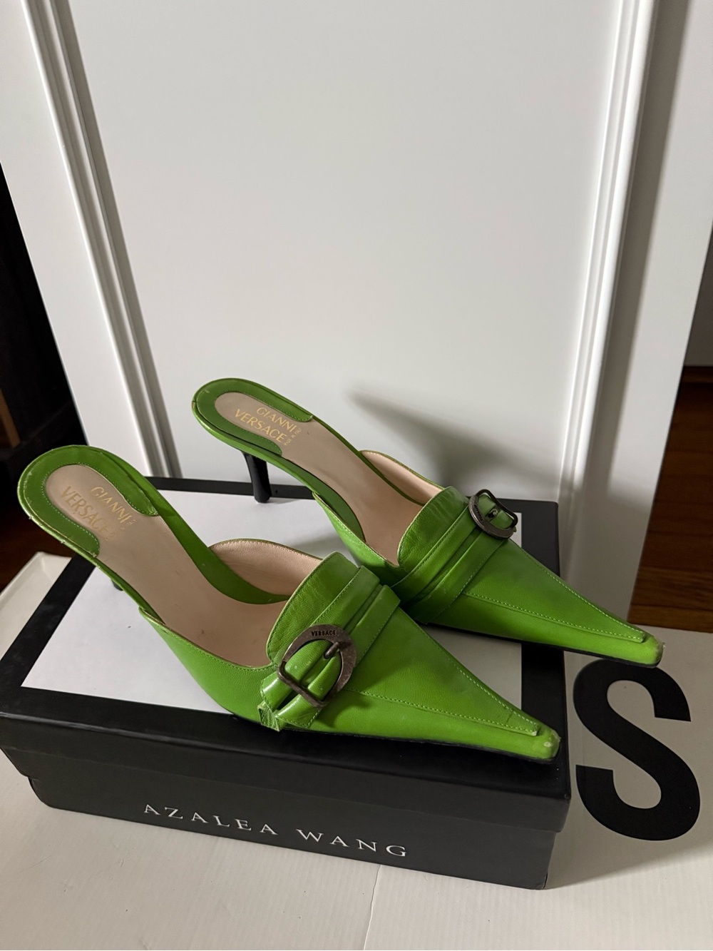 Versace Lime Green Pointed Mule Heels with Buckle